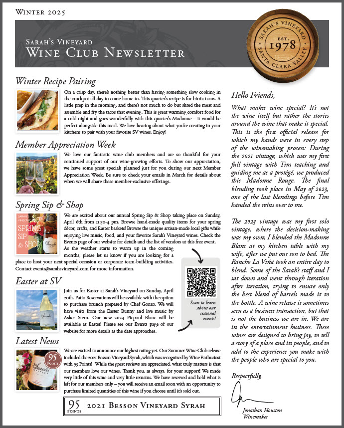 Sarah's Vineyard Winter 2025 newsletter